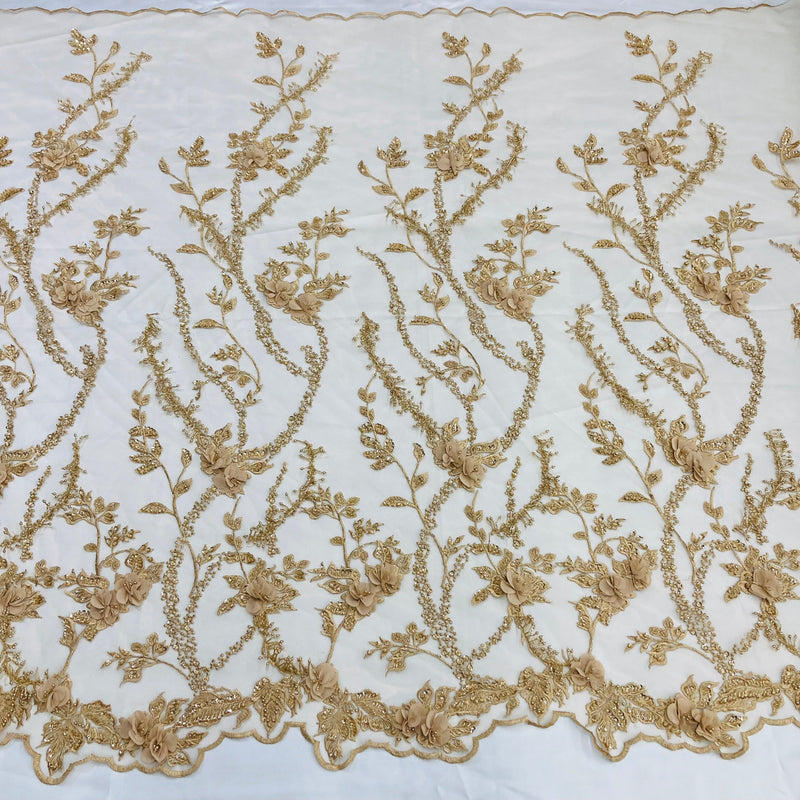 Beaded 3D Floral Lace Fabric Embroidered on 100% Polyester Net Mesh | Lace USA - GD-302