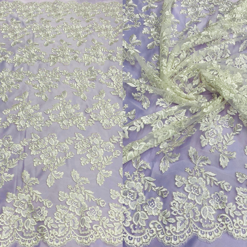 Corded Bridal Lace Fabric Embroidered on 100% Polyester Net Mesh | Lace USA - 95409W