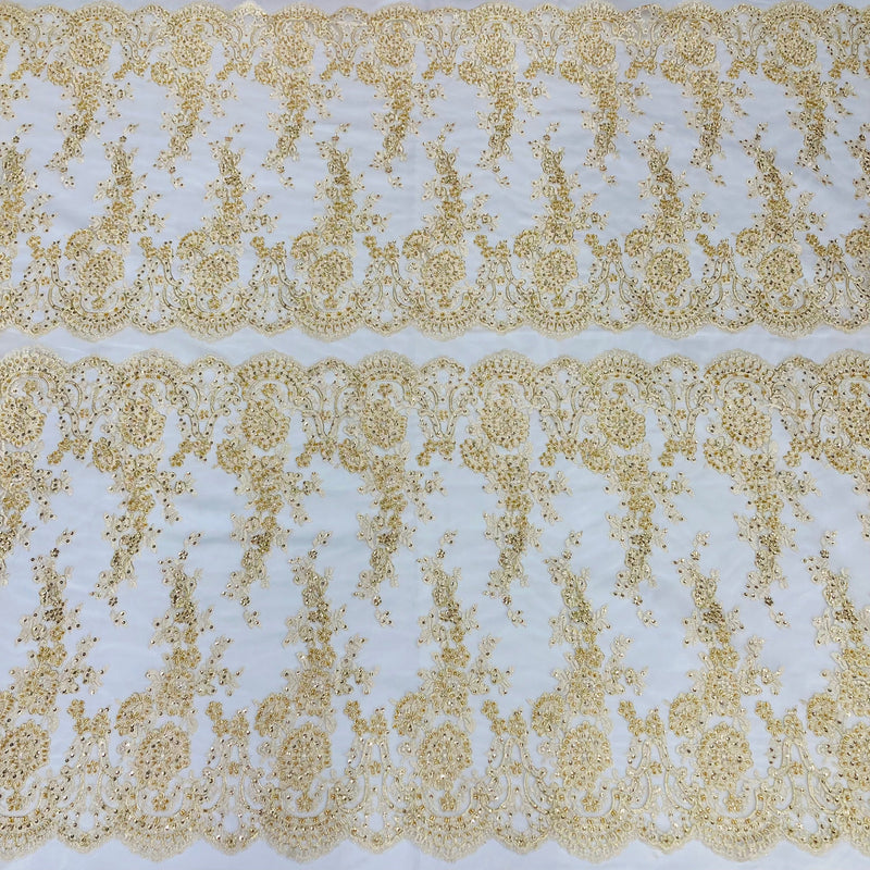 Beaded & Corded Bridal Lace Fabric Embroidered on 100% Polyester Net Mesh | Lace USA - 96874W-HB