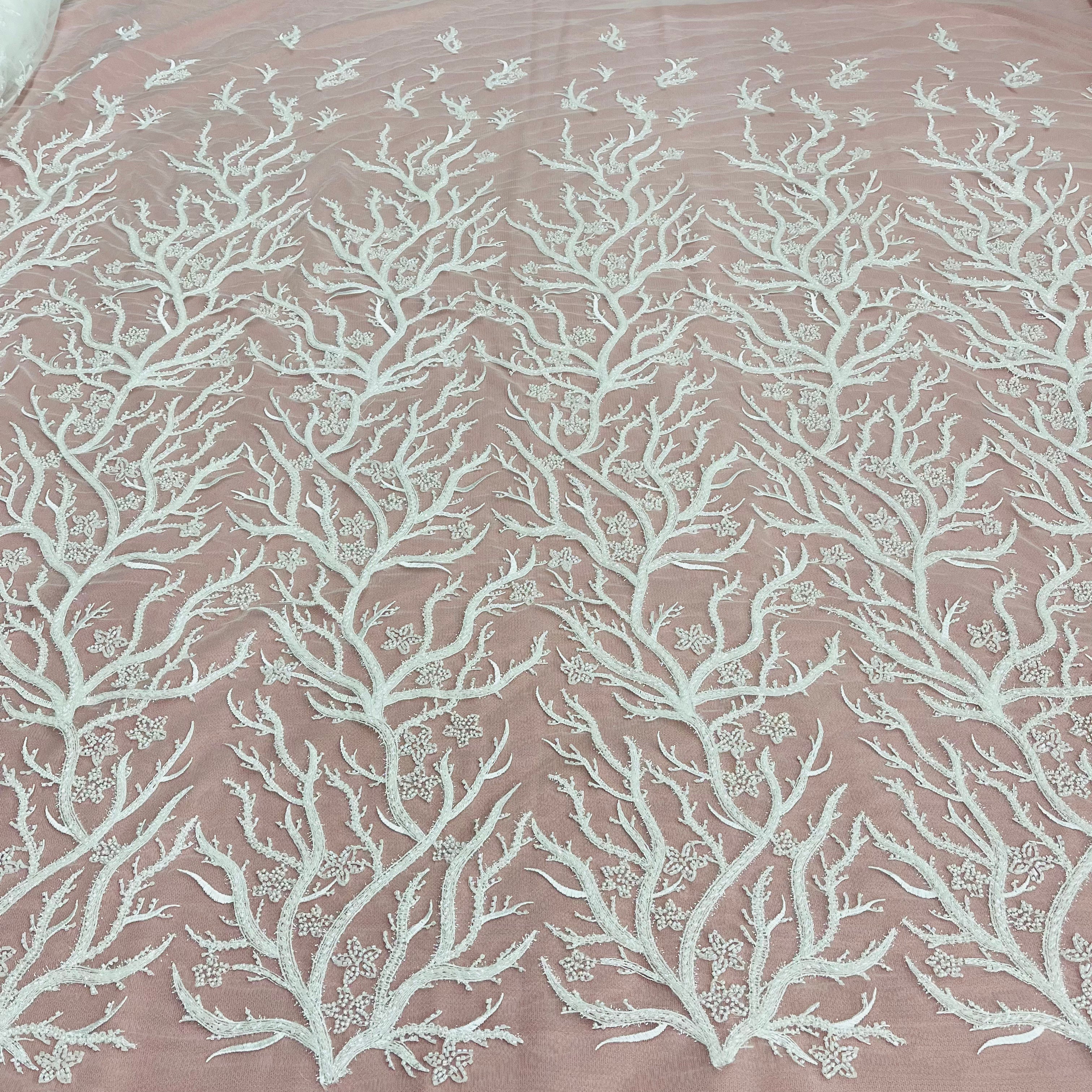 Beaded Lace Fabric Embroidered With Fuzzy Thread on 100% Polyester Net