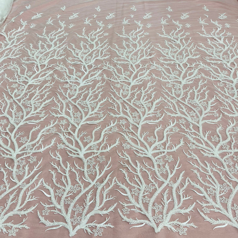 Beaded Lace Fabric Embroidered With Fuzzy Thread on 100% Polyester Net Mesh | Lace USA - GD-12263