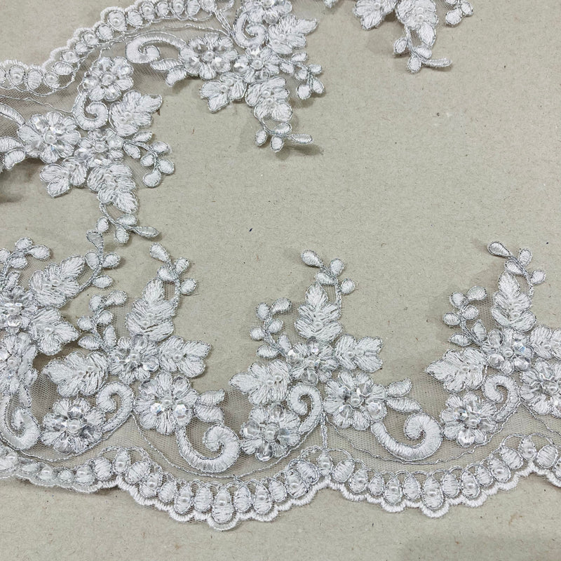 Beaded & Corded Lace Trimming Embroidered on 100% Polyester Net Mesh | Lace USA - 96988W-BP