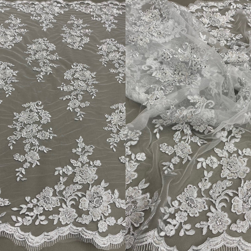 Beaded & Corded Bridal Lace Fabric Embroidered on 100% Polyester Net Mesh | Lace USA - 97145W-HB