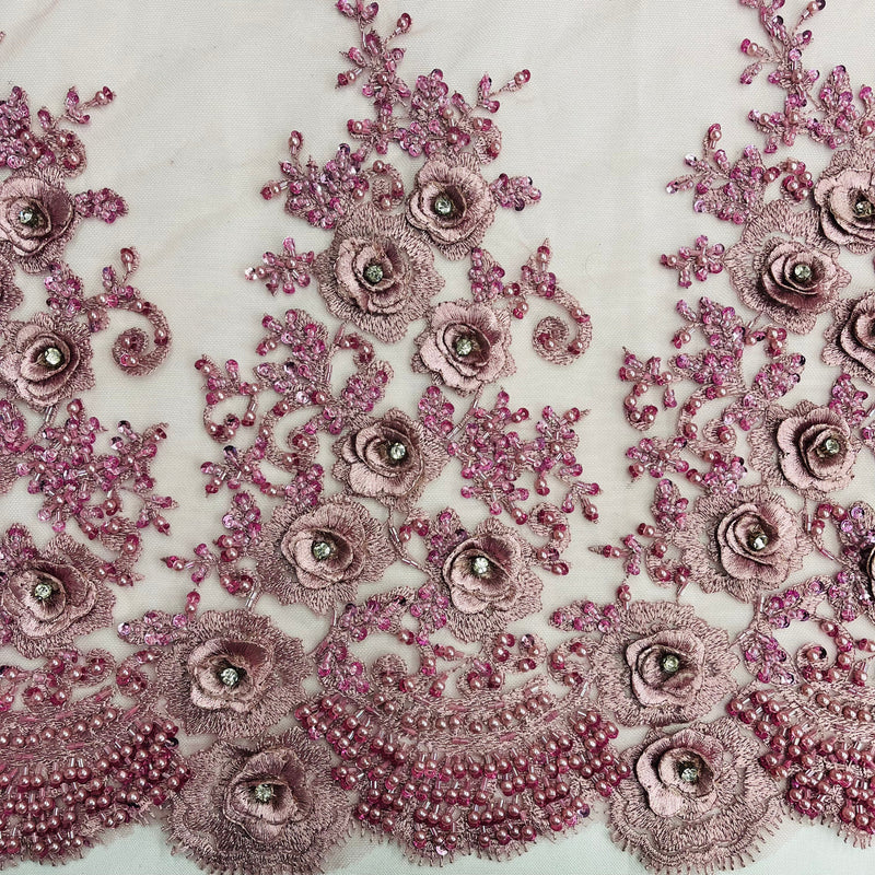 Beaded & Rhinestone 3D Floral Lace Fabric Embroidered on 100% Polyester Net Mesh | Lace USA - GD-14