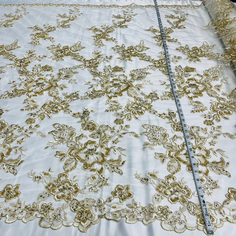 Beaded & Corded Bridal Lace Fabric Embroidered on 100% Polyester Net Mesh | Lace USA - 97126W-HB