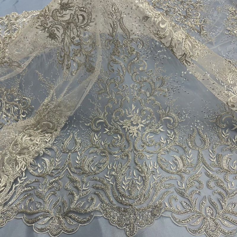 Beaded & Corded Bridal Lace Fabric Embroidered on 100% Polyester Net Mesh | Lace USA - GD-12266