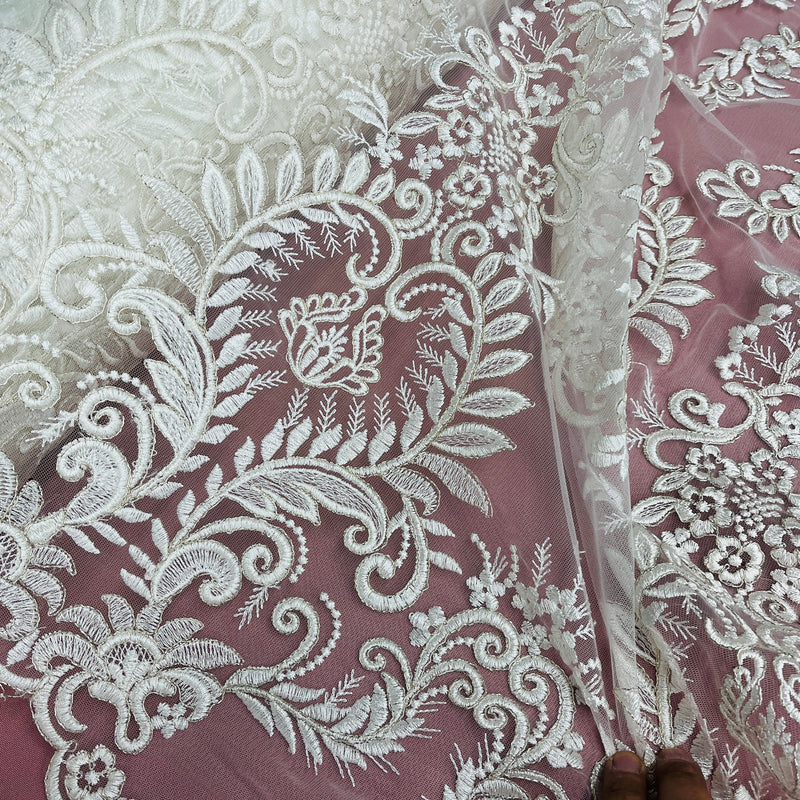 Corded Bridal Lace Fabric Embroidered on 100% Polyester Net Mesh | Lace USA - 97160W