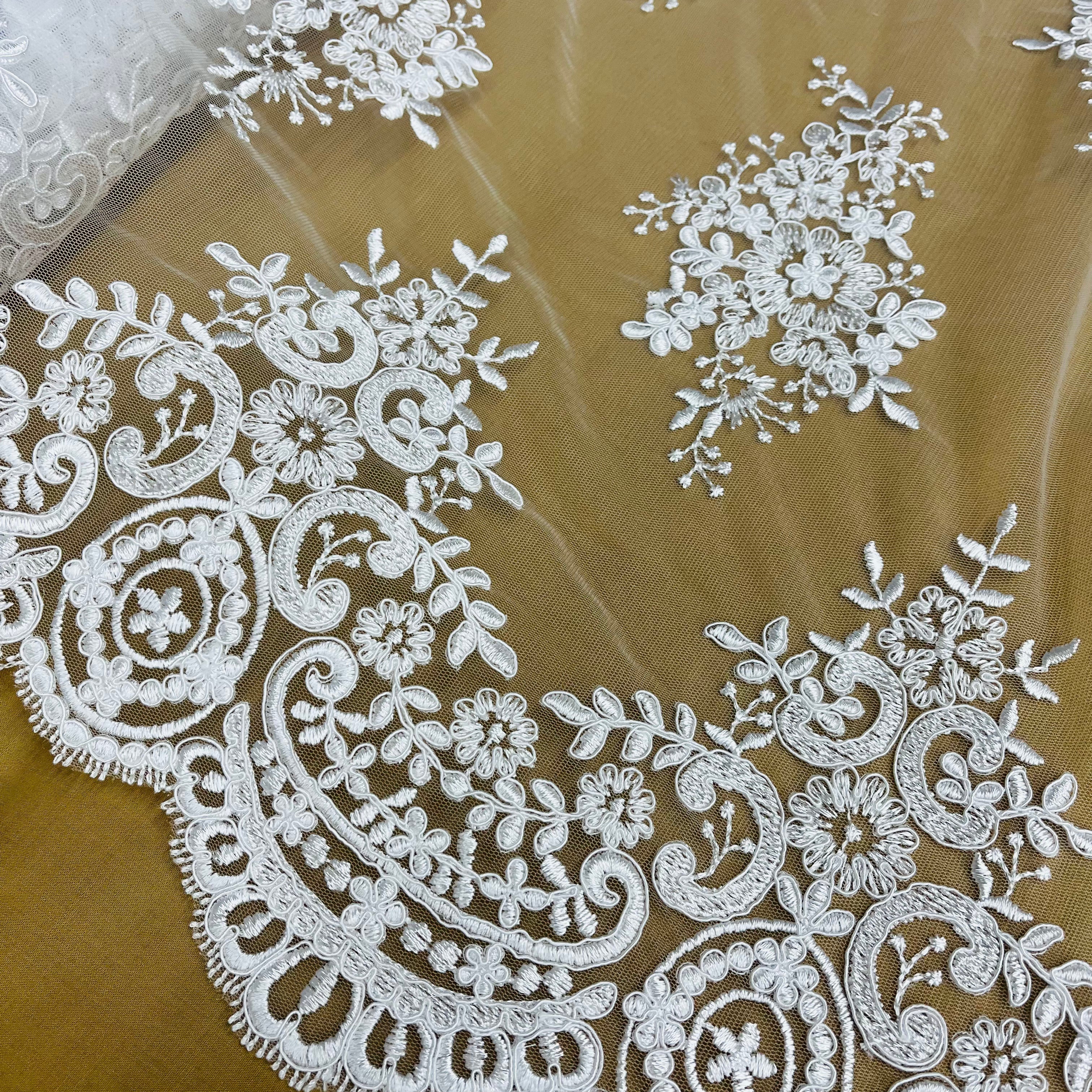 Corded Bridal Lace Fabric Embroidered on 100% Polyester Net Mesh | Lace USA - 97019W