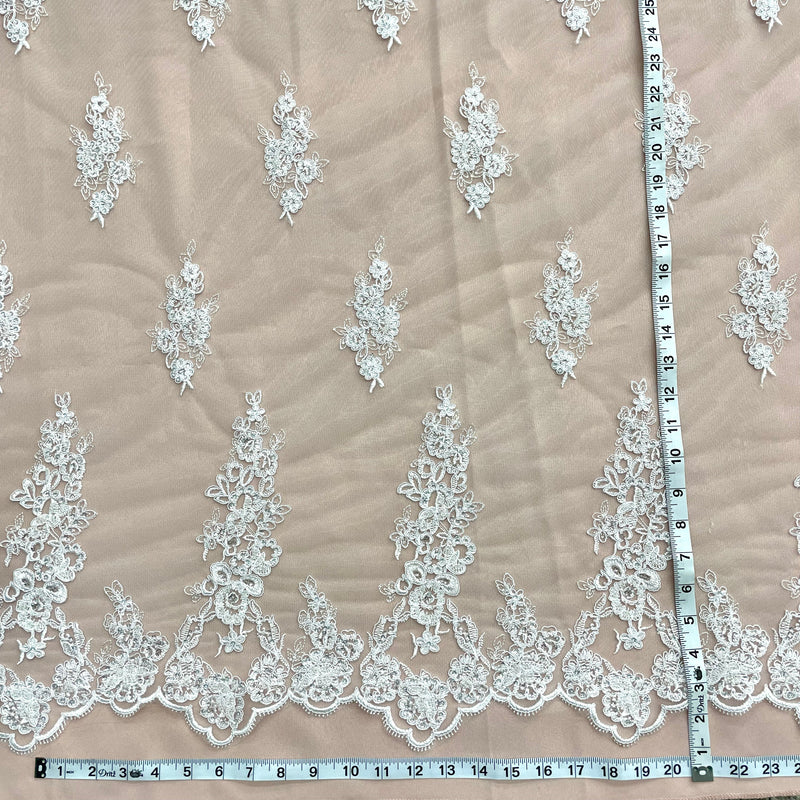 Beaded & Corded Bridal Lace Fabric Embroidered on 100% Polyester Net Mesh | Lace USA - 91443W-HB