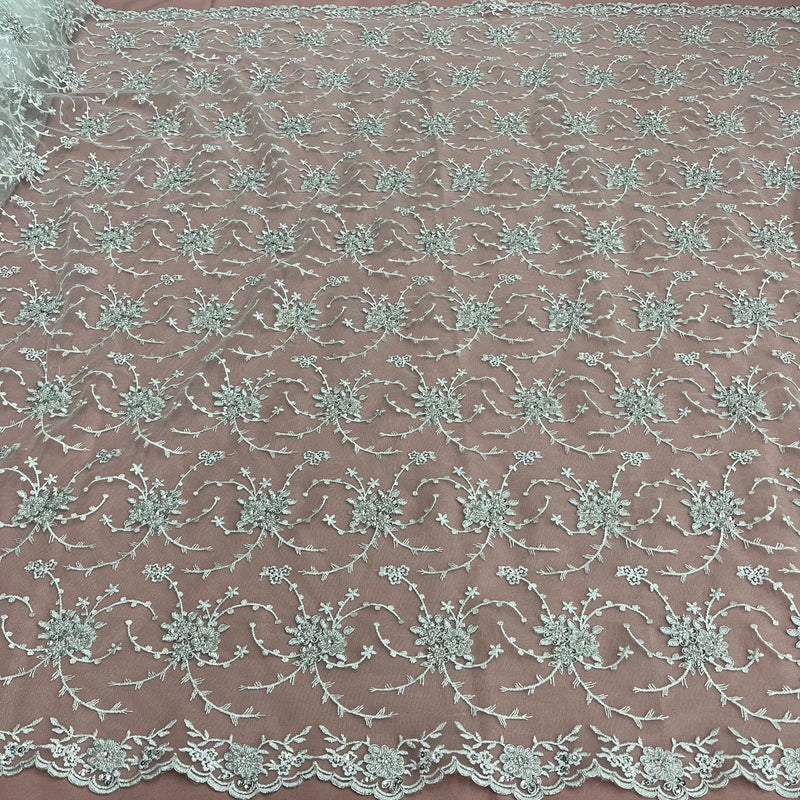 Beaded & Corded Bridal Lace Fabric Embroidered on 100% Polyester Net Mesh | Lace USA - 95575W-BP