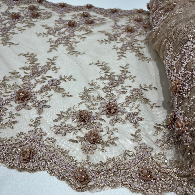 Beaded Double Sided 3D Floral Lace Trimming Embroidered on 100% Polyester Net Mesh | Lace USA - GD-733