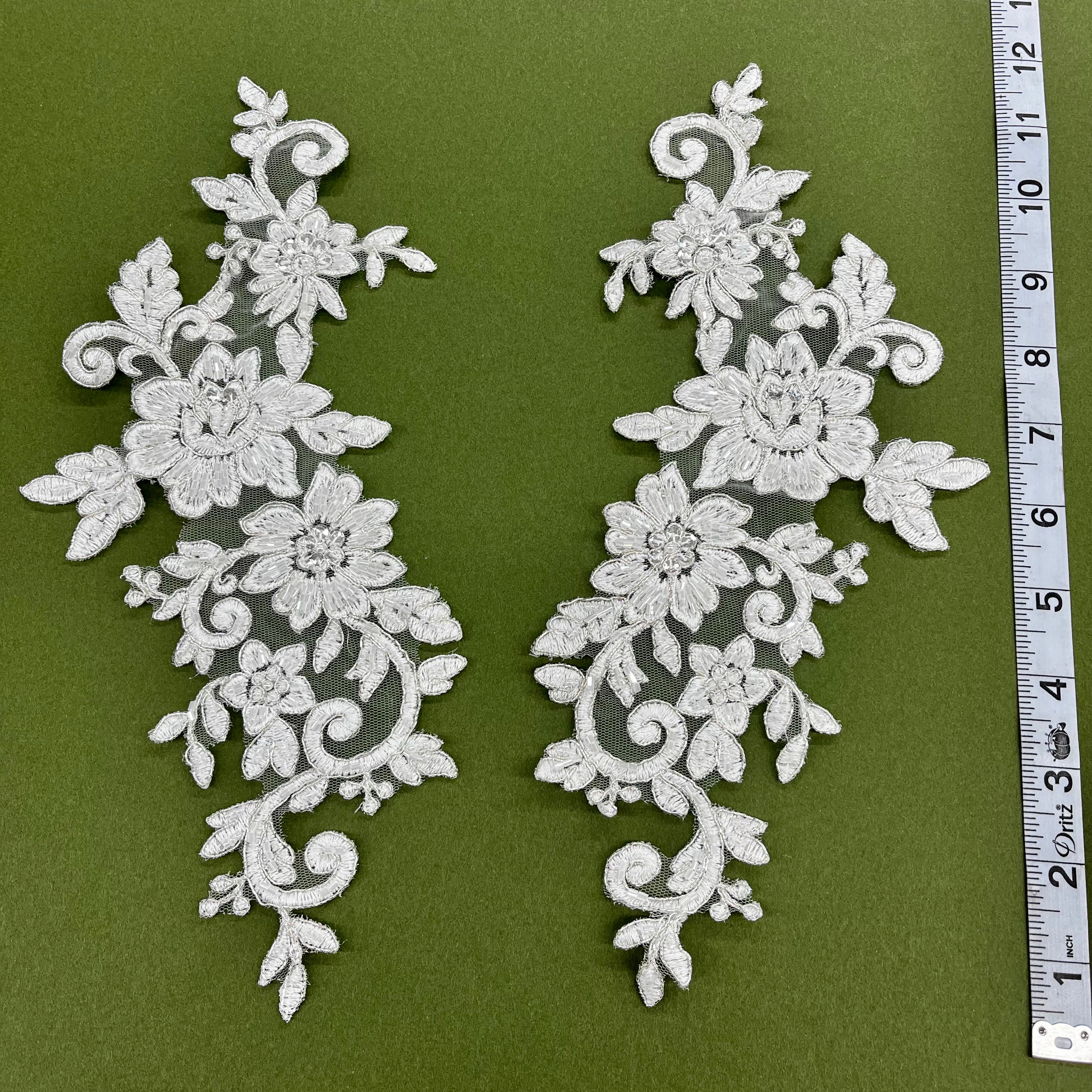Beaded & Corded Floral Lace Applique Embroidered on 100% Polyester Net Mesh | Lace USA - 96440W-HB