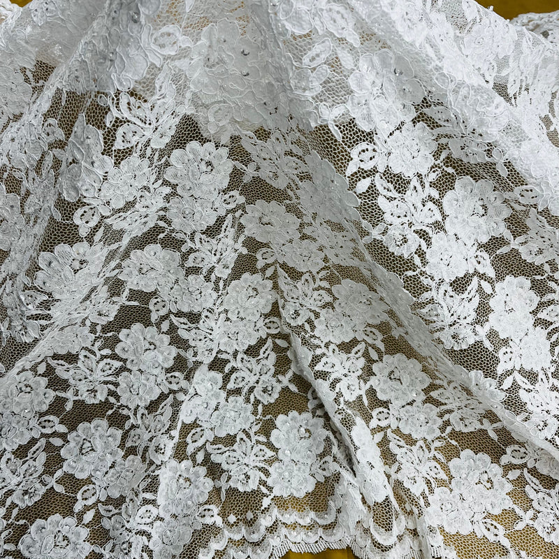 Beaded & Corded Lace Fabric Embroidered on 100% Polyester Net Mesh | Lace USA - 96028W-BP