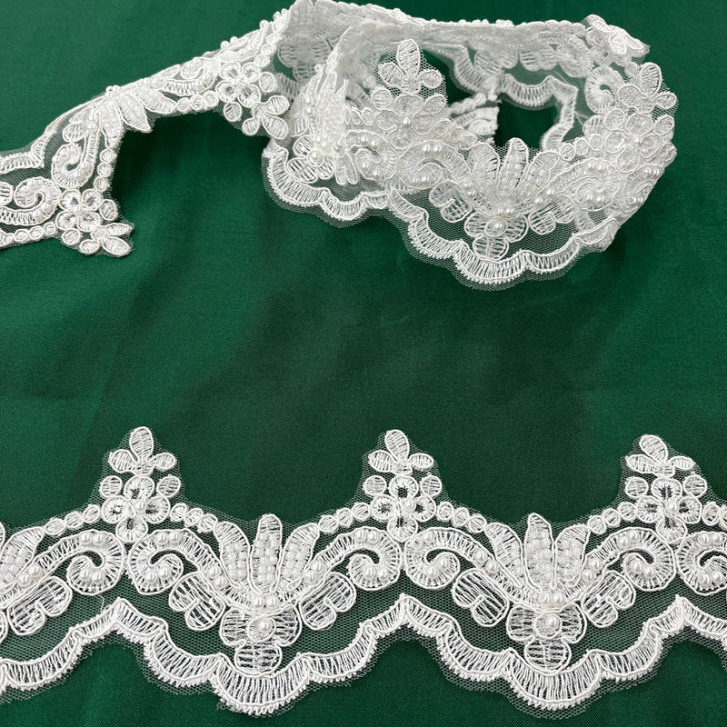 Beaded & Corded Lace Trimming Embroidered on 100% Polyester Net Mesh | Lace USA - KZ-34W-HB