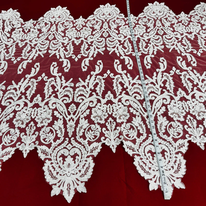 Beaded & Corded Bridal Lace Fabric Embroidered on 100% Polyester Net Mesh | Lace USA - 96996W-HB