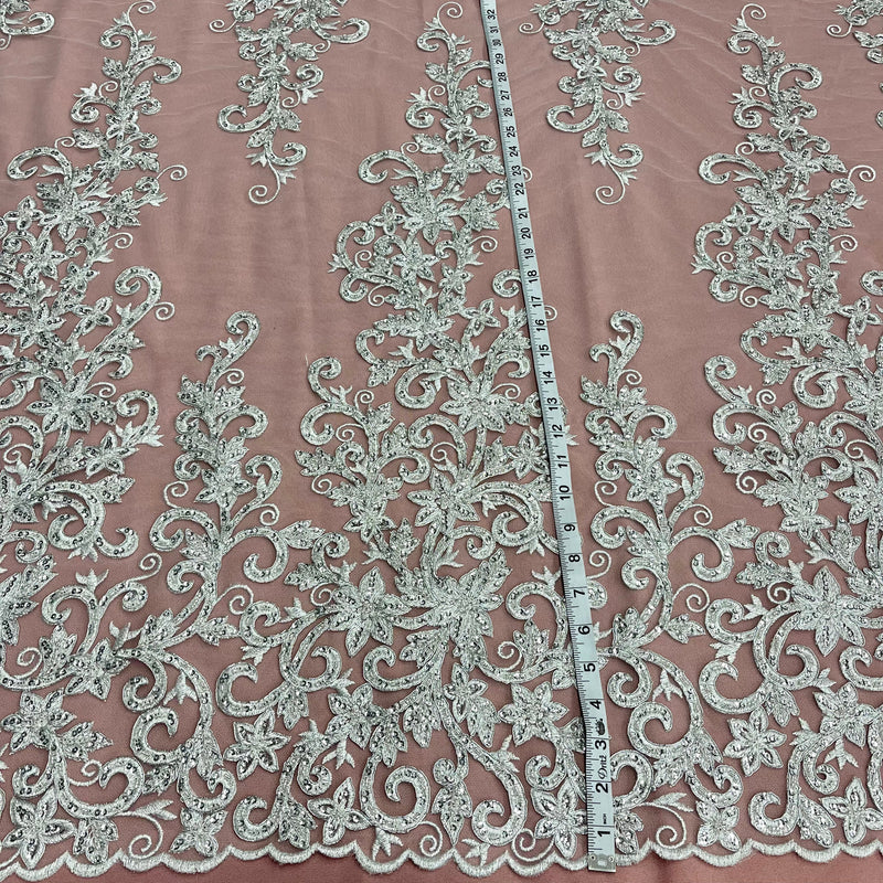 Beaded & Corded Bridal Fabric Lace Embroidered on 100% Polyester Net Mesh | Lace USA - 97219W-HB