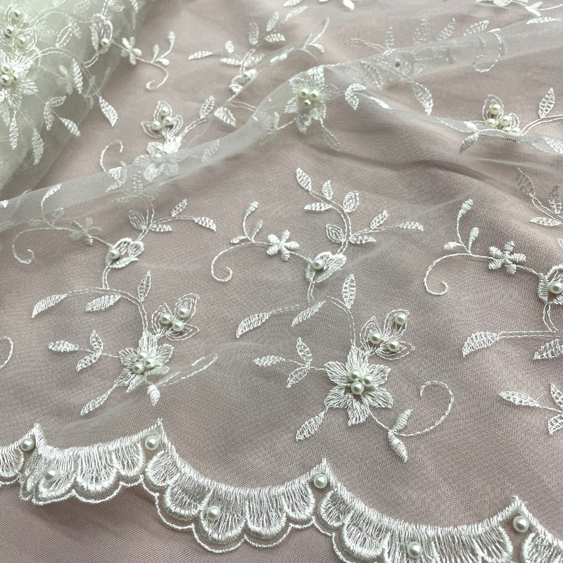 Beaded Lace Fabric Embroidered on 100% Polyester Net Mesh | Lace USA - 71014W-NB