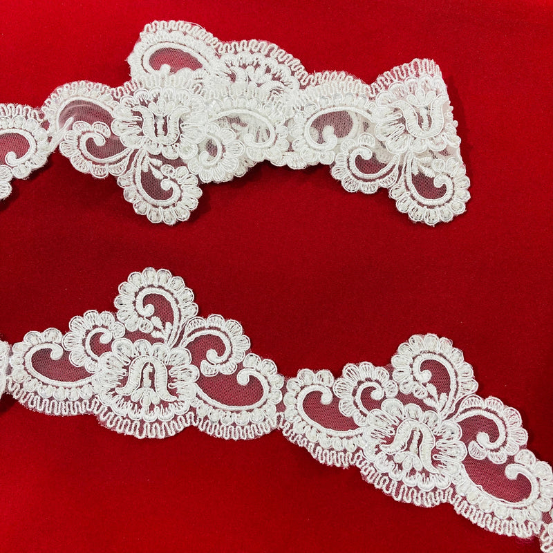 Beaded & Corded Lace Trimming Embroidered on 100% Polyester Net Mesh | Lace USA - 95491W-BP