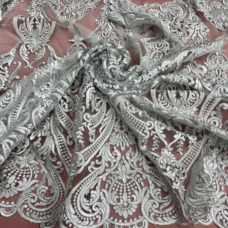 Corded Bridal Lace Fabric Embroidered on 100% Polyester Net Mesh | Spandex Palace- 97086W