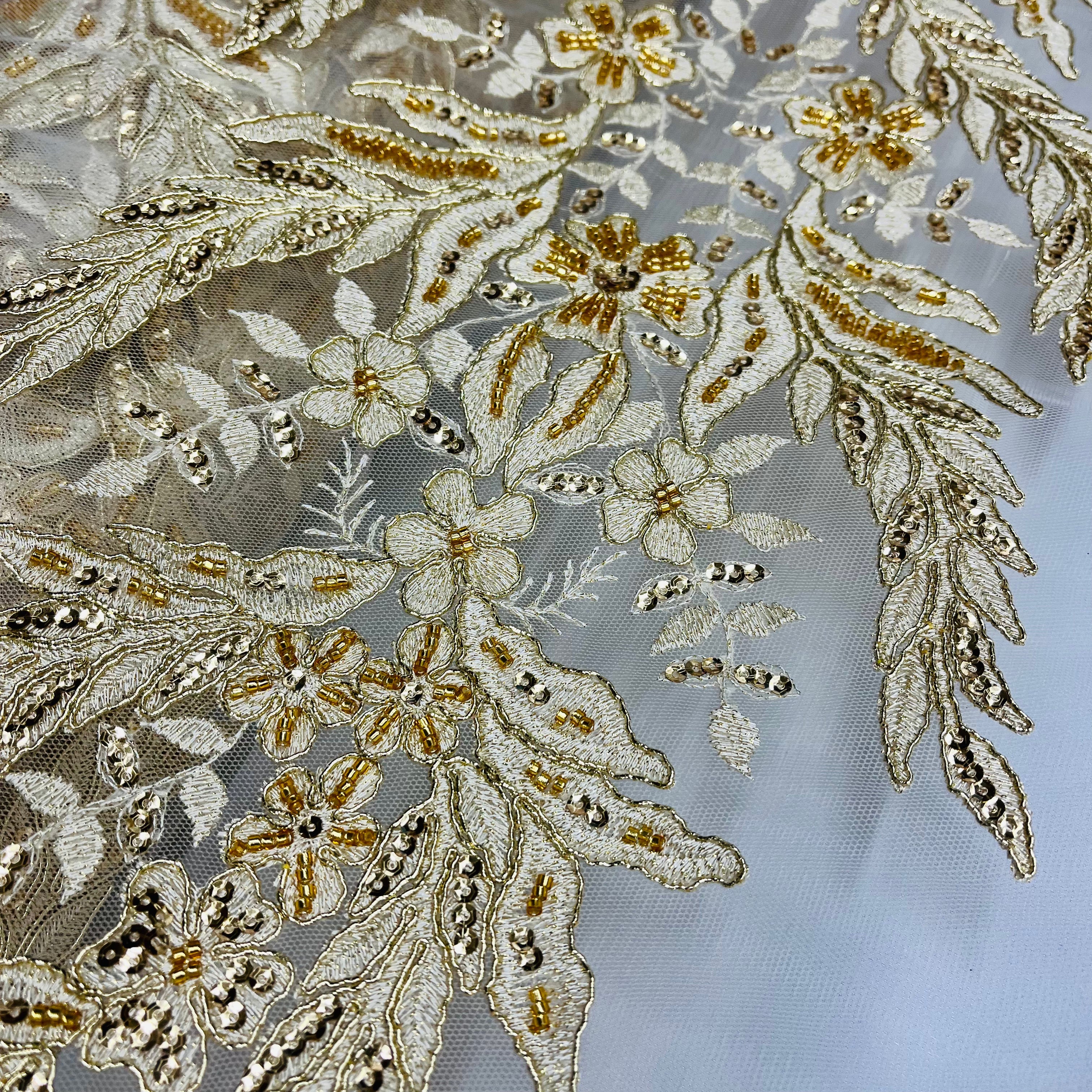 Exquisite Bridal Elegance: Beaded & Corded Embroidered Lace Fabric | Lace USA - 97221W-HB