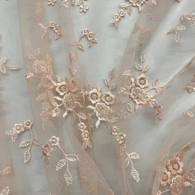 Beaded Lace Fabric Embroidered on 100% Polyester Net Mesh | Spandex Palace - 41553W-BP