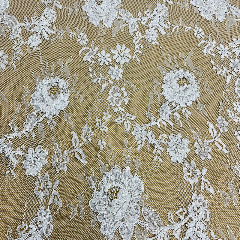 3 Yards Precut Beaded & Corded Chantilly Floral Lace Fabric Embroidered on 100% Polyester Net Mesh | Lace USA - 97143W-BP