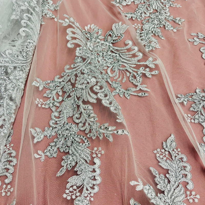 Beaded & Corded Bridal Lace Fabric Embroidered on 100% Polyester Net Mesh | Lace USA - 97141W-SB