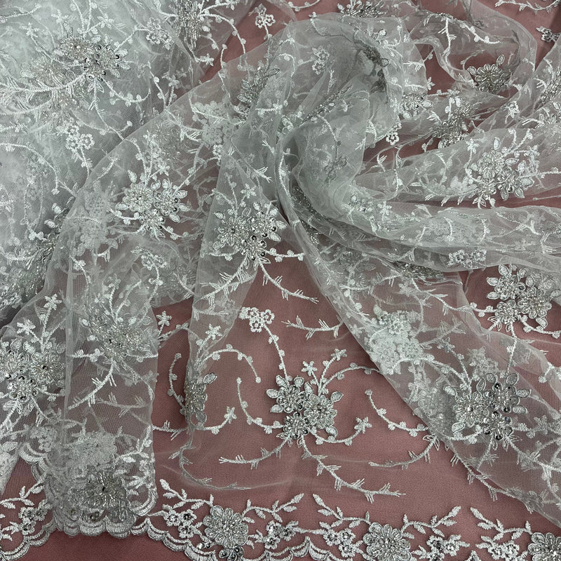 Beaded & Corded Bridal Lace Fabric Embroidered on 100% Polyester Net Mesh | Lace USA - 95575W-BP