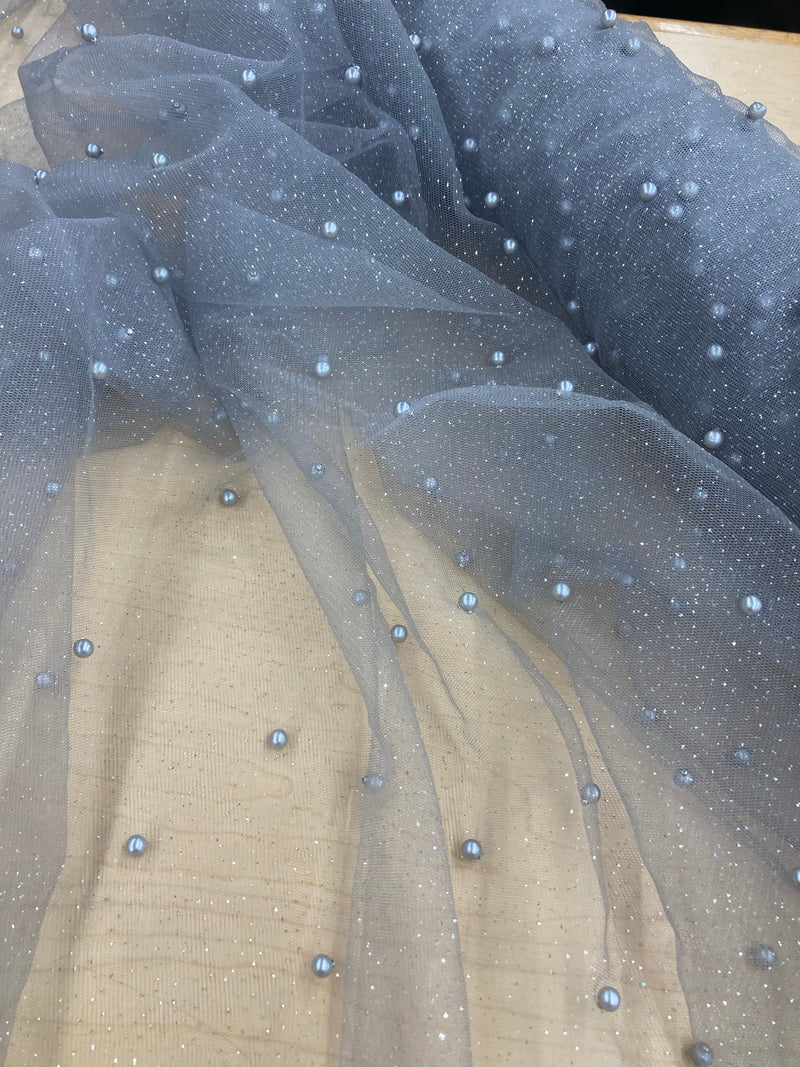 Glitter Mesh Fabric with Scattered Pearls 2-Way Stretch | Lace USA -  Net Pearls