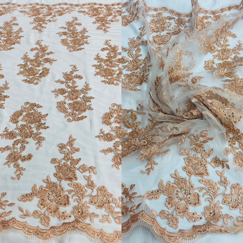 Beaded & Corded Bridal Lace Fabric Embroidered on 100% Polyester Net Mesh | Lace USA - 97145W-HB