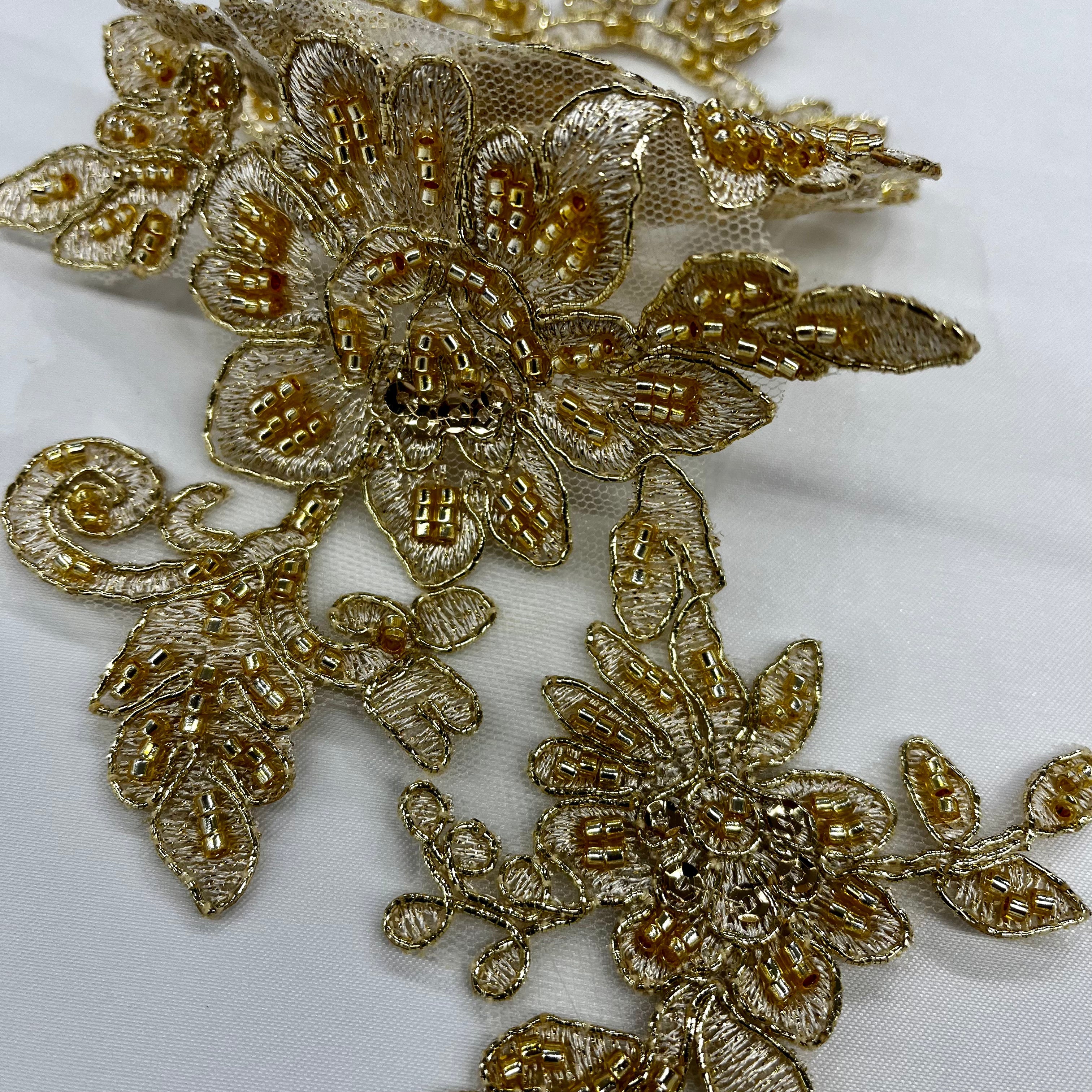 Beaded & Corded Floral Lace Applique Embroidered on 100% Polyester Net Mesh | Lace USA - 96440W-HB