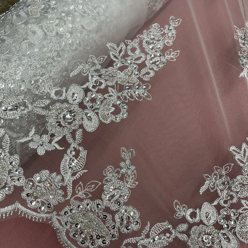 Beaded & Corded Bridal Lace Fabric Embroidered on 100% Polyester Net Mesh | Lace USA - 91443W-HB