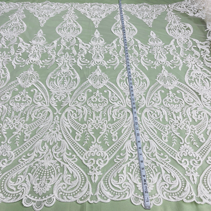 Corded Bridal Lace Fabric Embroidered on 100% Polyester Net Mesh | Spandex Palace- 97086W