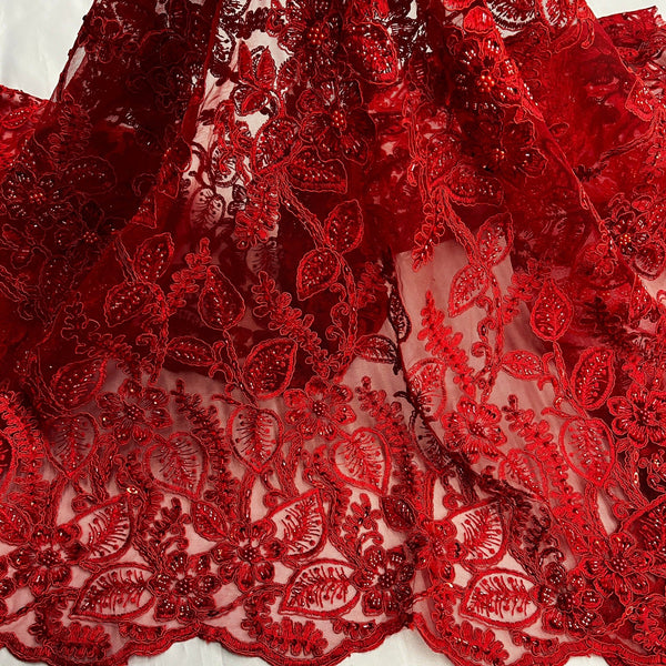 Beaded & Corded Lace Fabric Embroidered on 100% Polyester Net Mesh | Lace USA - GD-1823