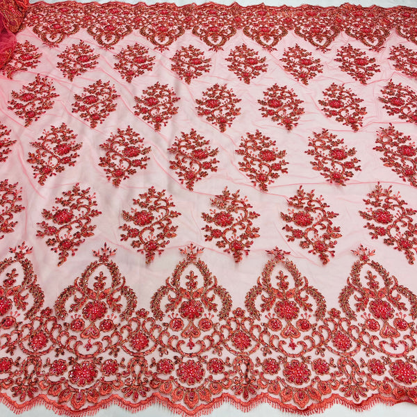 Beaded & Corded Bridal Lace Fabric Embroidered on 100% Polyester Net Mesh | Lace USA - GD-2257