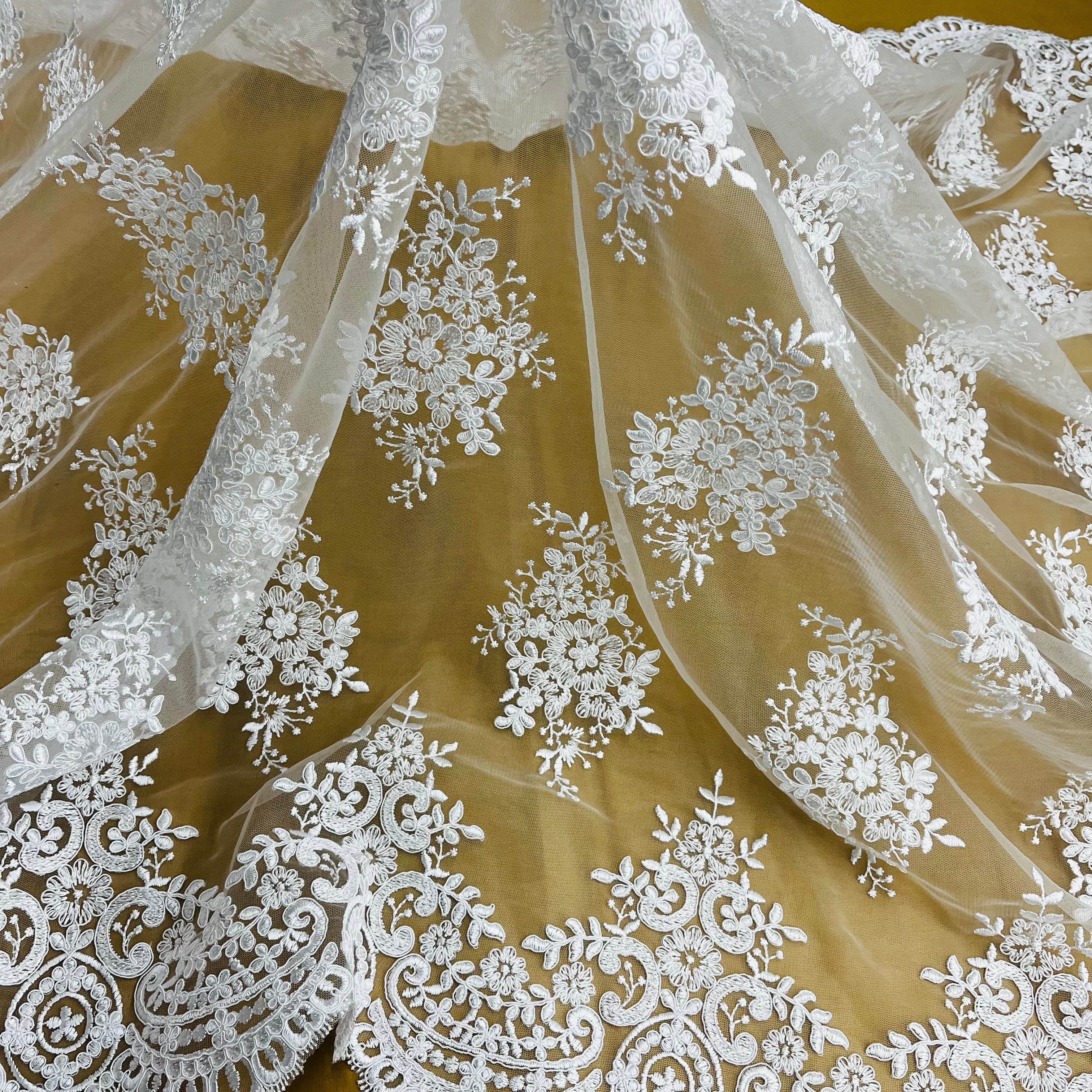 Corded Bridal Lace Fabric Embroidered on 100% Polyester Net Mesh | Lace USA - 97019W