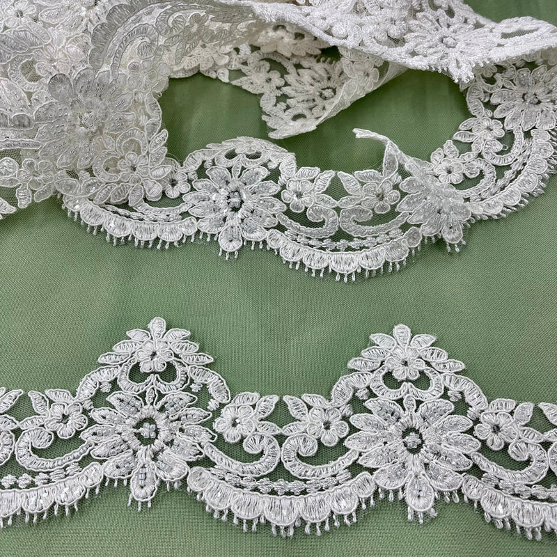 Beaded & Corded Lace Trimming Embroidered on 100% Polyester Net Mesh | Lace USA - 96880W/1-HB