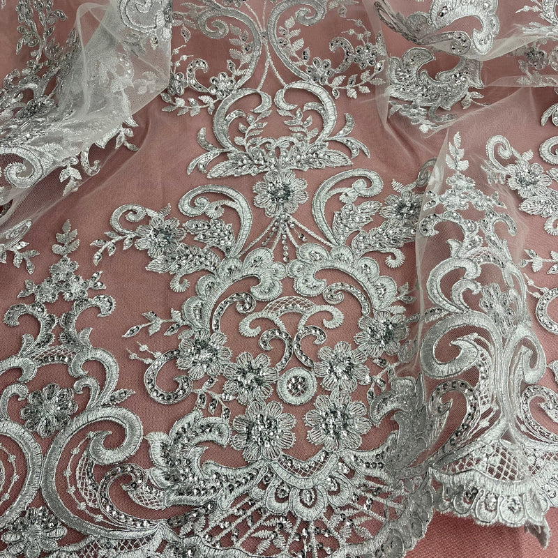 Ethereal Elegance: Beaded & Corded Bridal Embroidered Lace Fabric on Polyester Net Mesh| Lace USA - 97213W-SB