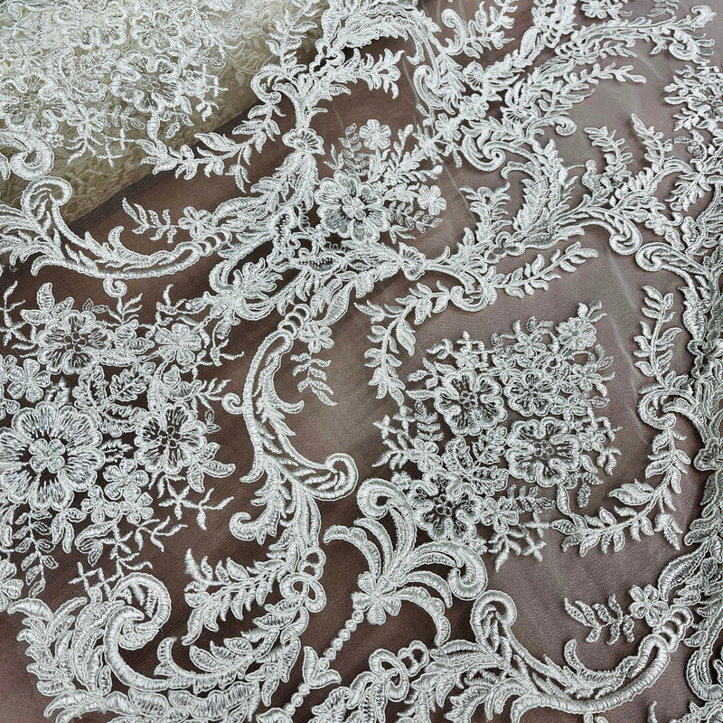 Corded Bridal Lace Fabric Embroidered on 100% Polyester Net Mesh | Lace USA - 97136W