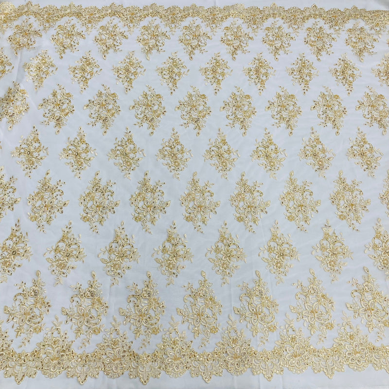 Beaded & Corded Bridal Lace Fabric Embroidered on 100% Polyester Net Mesh | Lace USA - 96983W-HB