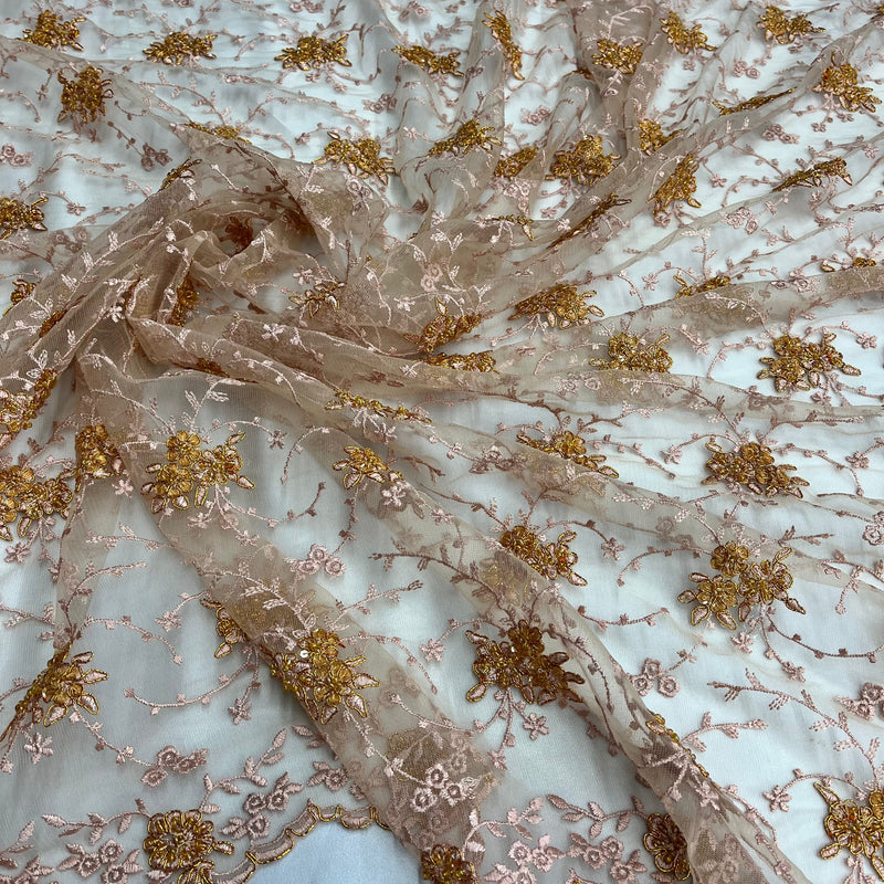 Beaded & Corded Bridal Lace Fabric Embroidered on 100% Polyester Net Mesh | Lace USA - 95575W-BP