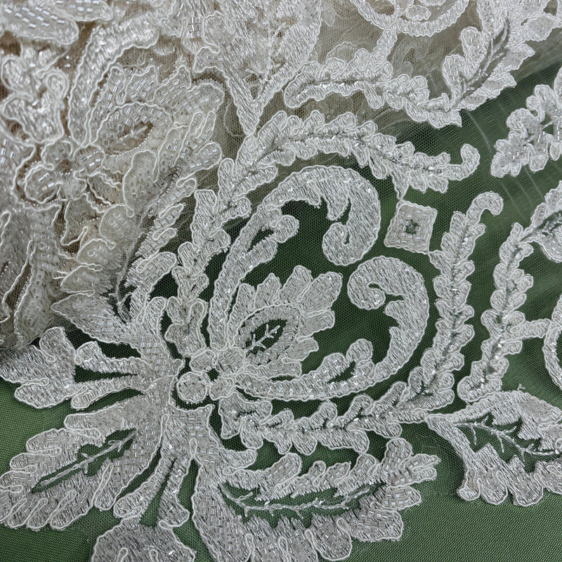 Beaded & Corded Bridal Lace Fabric Embroidered on 100% Polyester Net Mesh | Lace USA - 96996W-HB