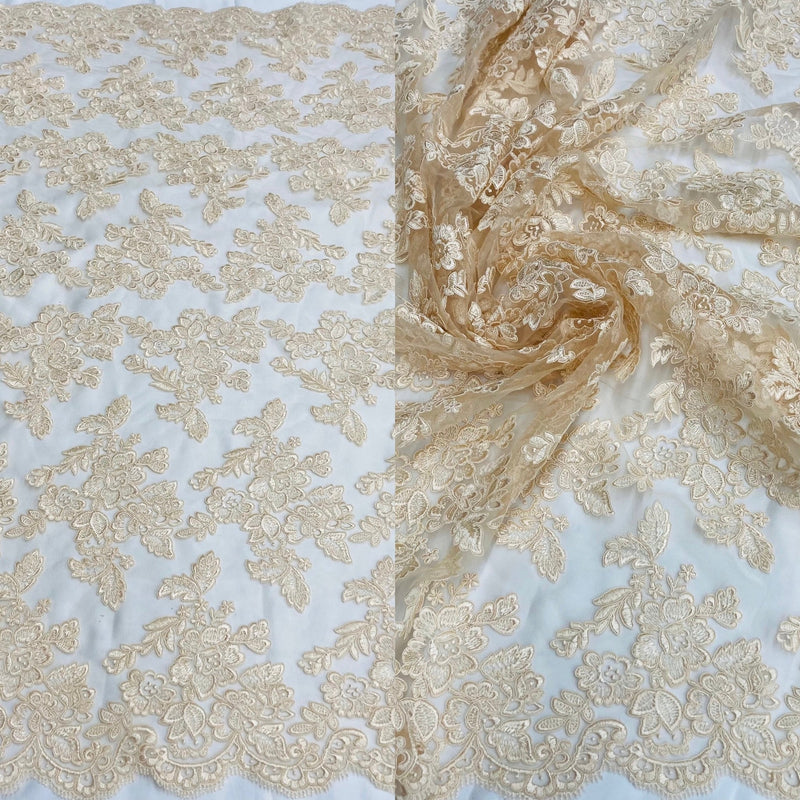 Corded Bridal Lace Fabric Embroidered on 100% Polyester Net Mesh | Lace USA - 95409W