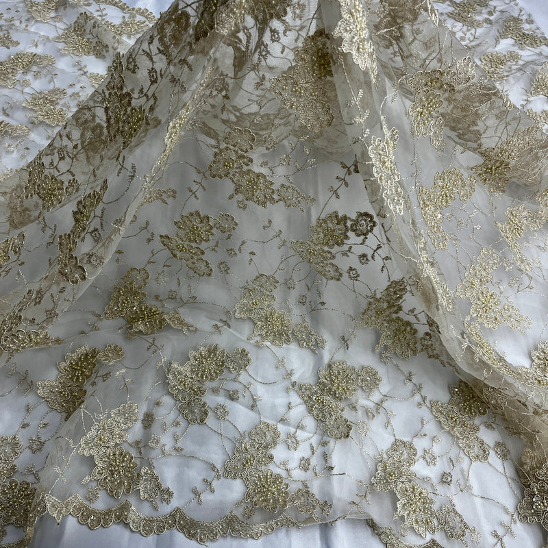 Beaded & Corded Lace Fabric Embroidered on 100% Polyester Net Mesh | Spandex Palace