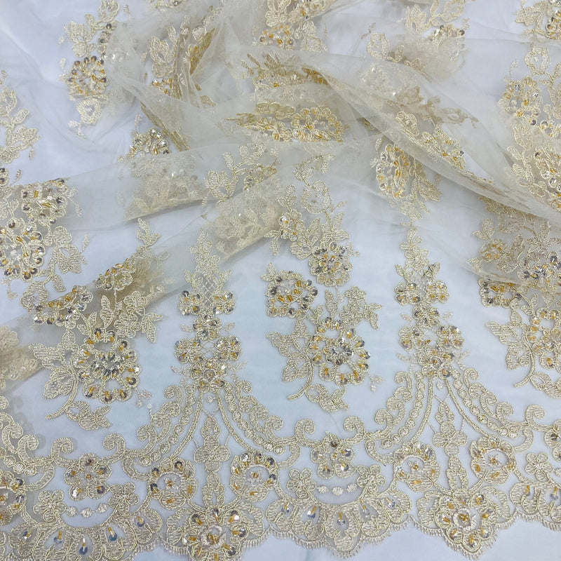 Beaded & Corded Lace Fabric Embroidered on 100% Polyester Net Mesh | Lace USA - 96784W-BP