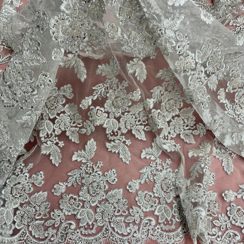 Beaded & Corded Bridal Lace Fabric Embroidered on 100% Polyester Net Mesh | Lace USA - 95409W-HB