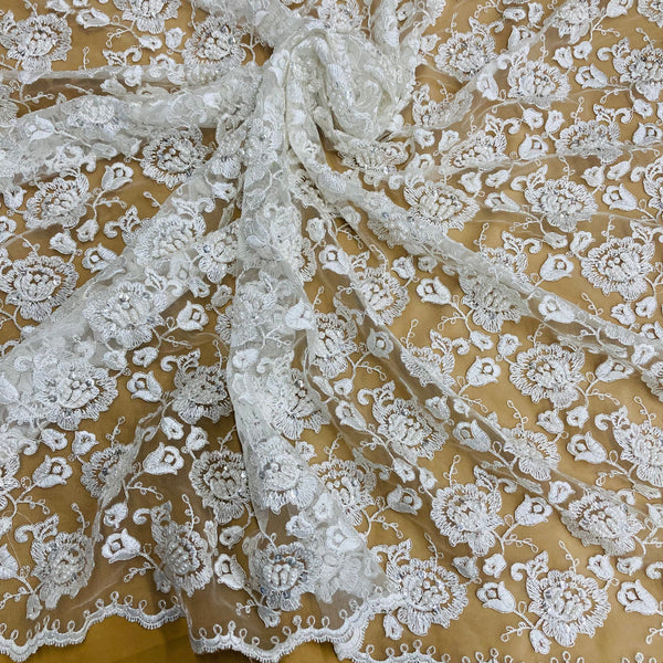 Beaded & Corded Bridal Lace Fabric Embroidered on 100% Polyester Net Mesh | Lace USA - 95163W-BP