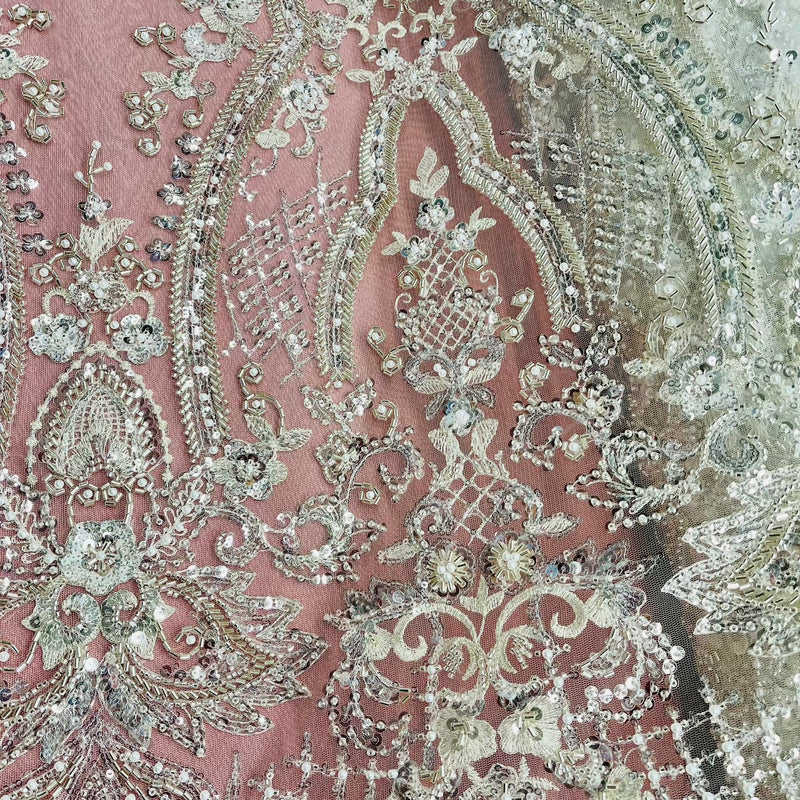 Beaded Lace Fabric Embroidered on 100% Polyester Net Mesh | Spandex Palace - GD-227239