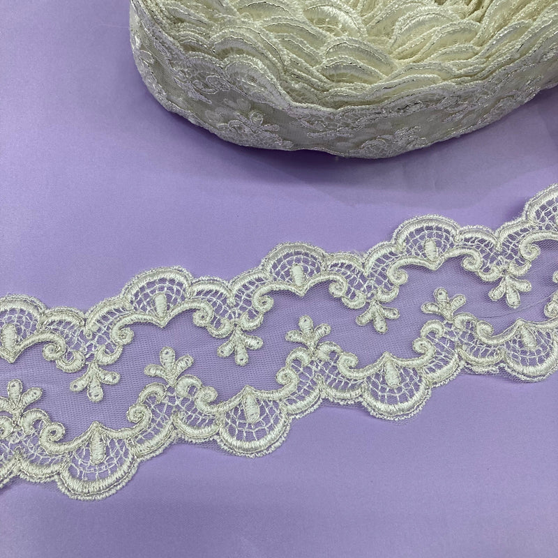 Corded Double Sided Lace Trimming Embroidered on 100% Polyester Net Mesh | Lace USA - 97040W/2