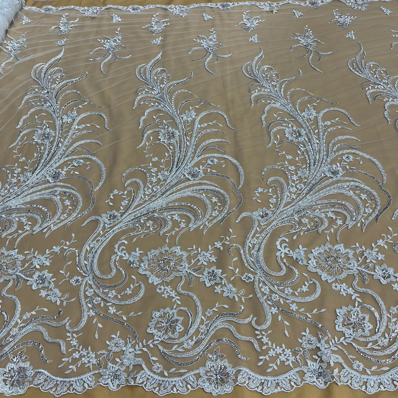 Beaded & Corded Bridal Lace Fabric Embroidered on 100% Polyester Net Mesh | Lace USA - 97130W-HB